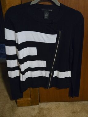 Grace Elements Black and White Striped Zip-Front Sweater